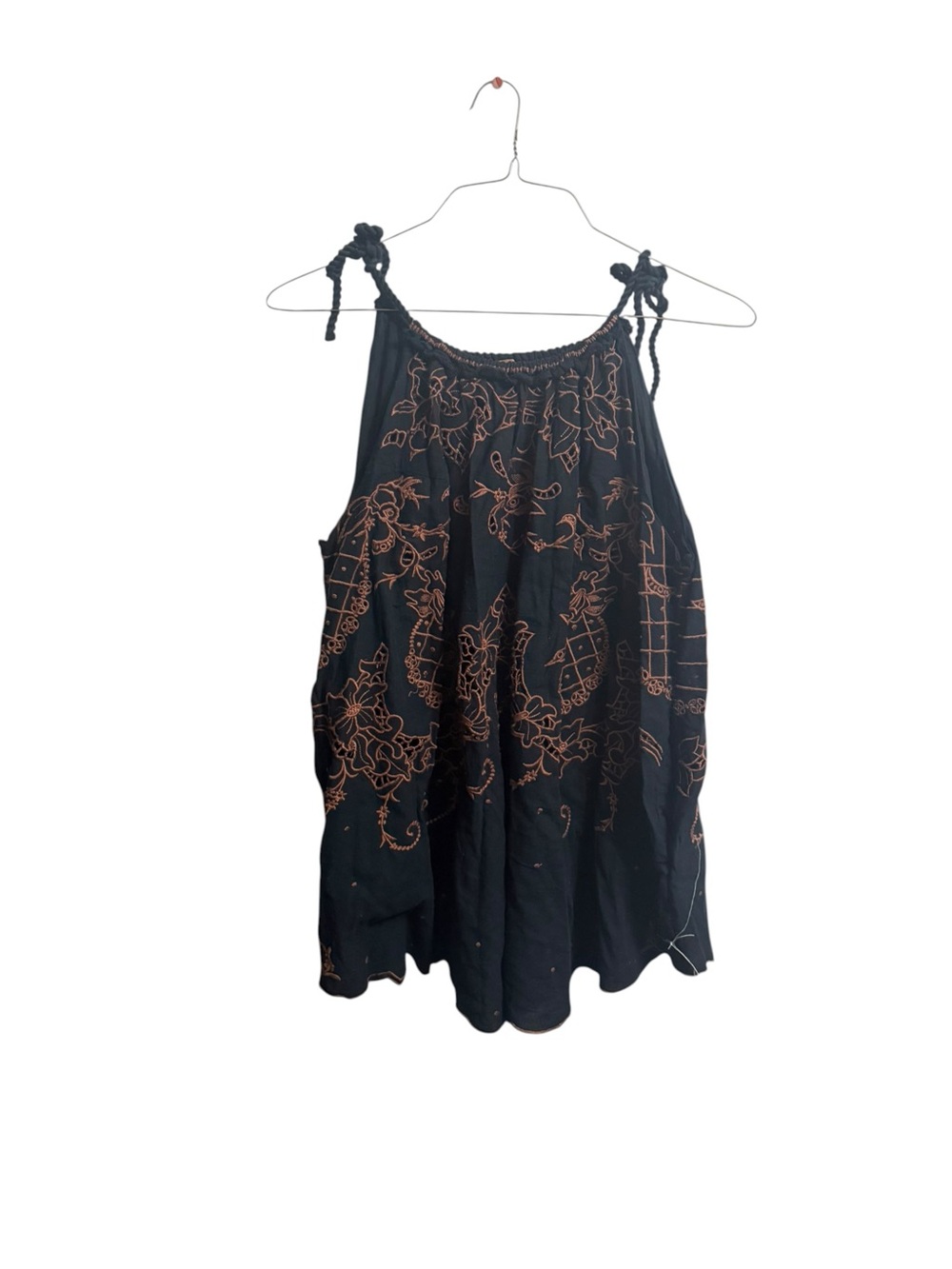 Free People Black Tank Top with Rust Floral Embroidery